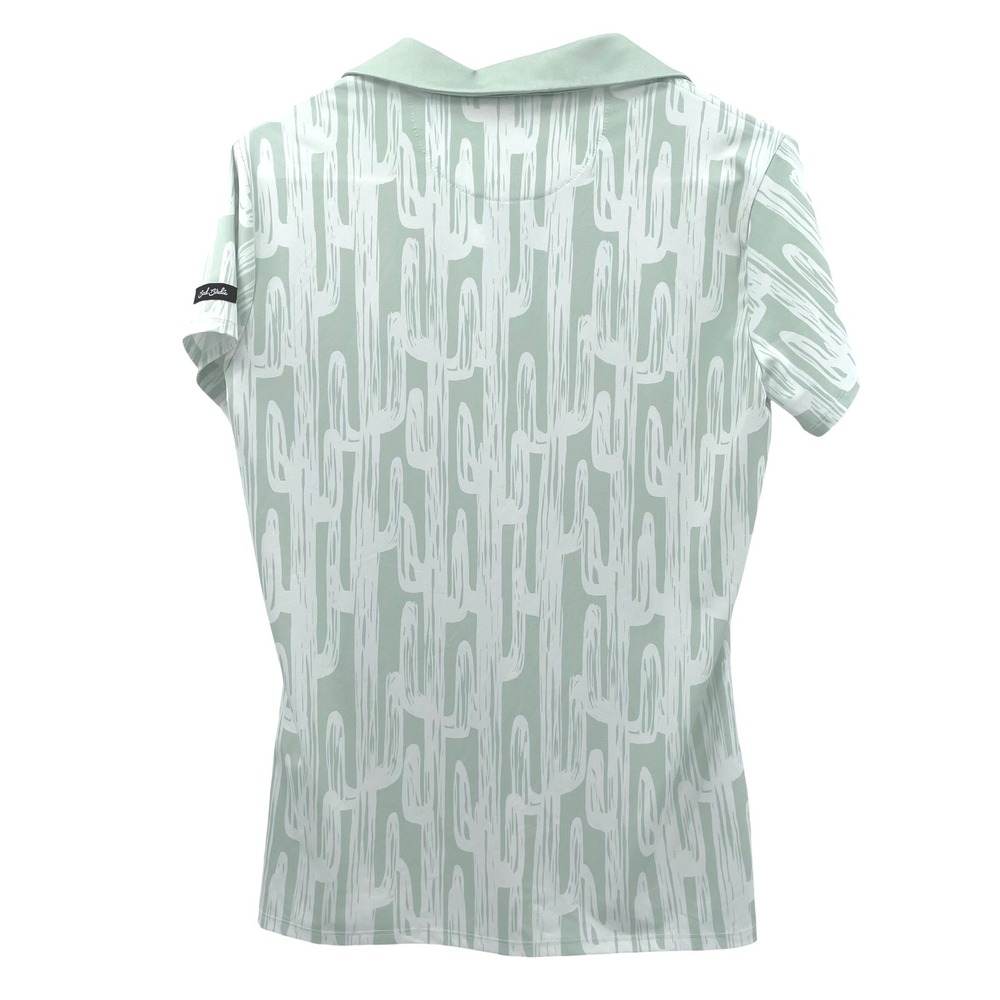 Bad Birdie Womens Polo Shirt Size L Green EUC Cactus Print Short Sleeve - Picture 2 of 7